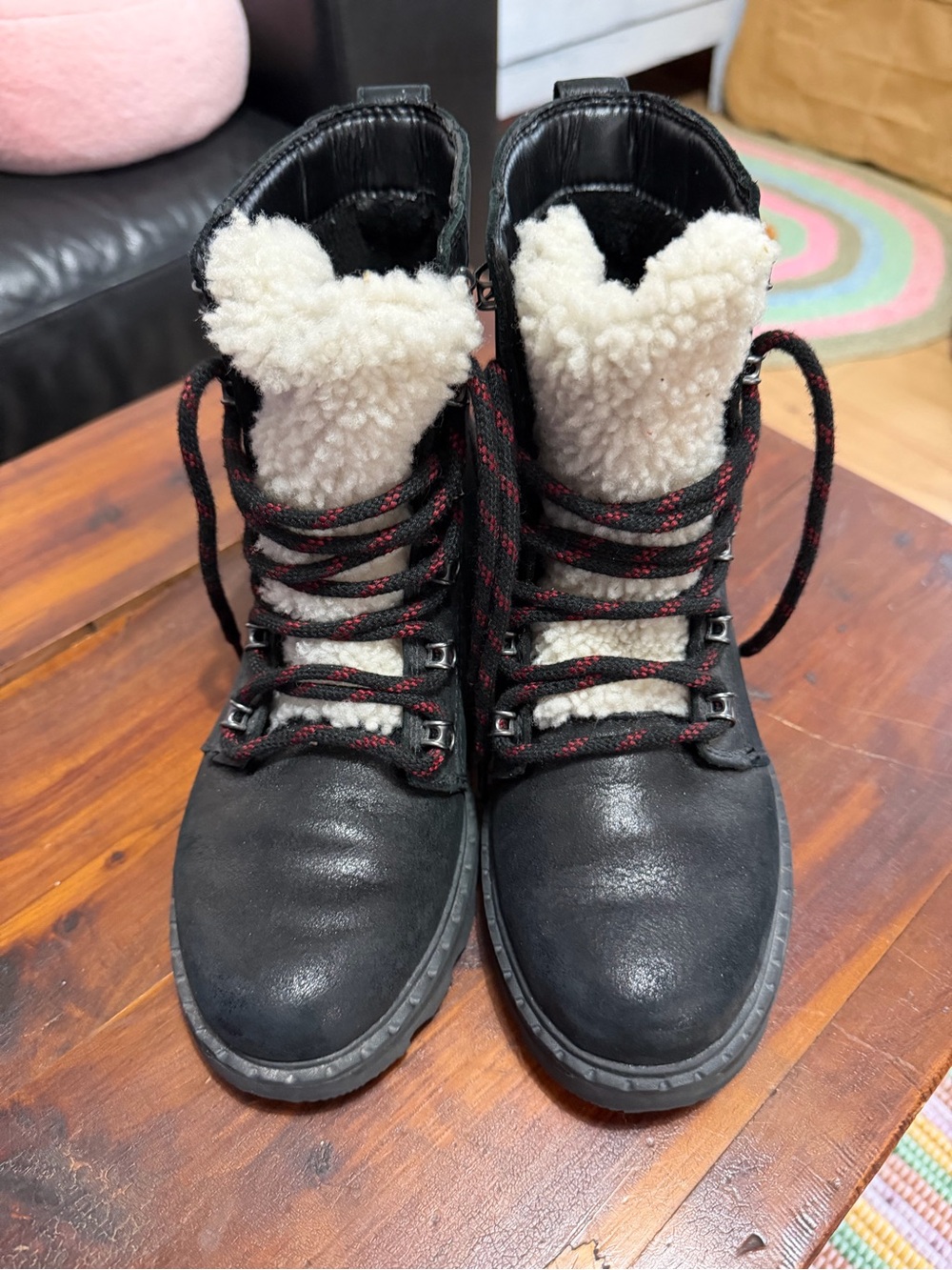 Sorel Black Boots with Cream Sherpa and Red-Accent Laces